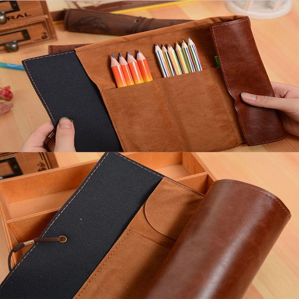 Map Roll Retro Case Bag Purse Pouch Leather Pen Pencil Case for School Cosmetic Make Up PU Bag