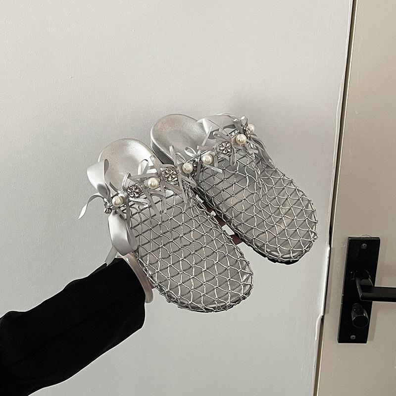 

Retro bow hollow mesh thick bottom bag head half slippers women s summer new outer wear cool slippers 40 серебряный
