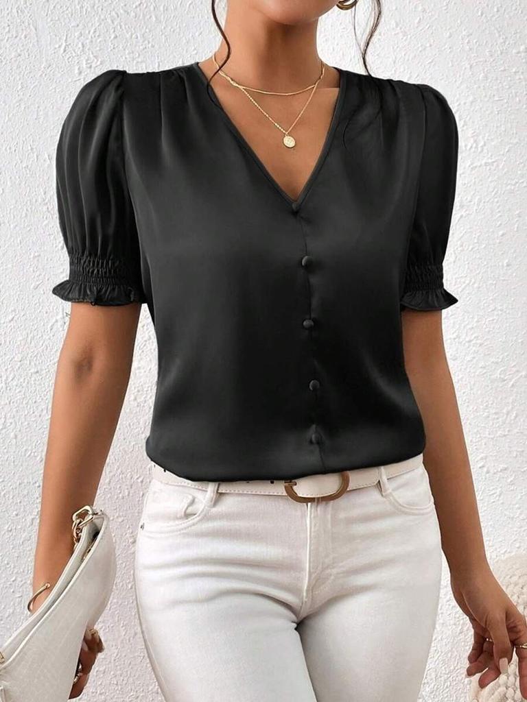 New Satin V-neck Button-up Ruffle Blouse - Spring/Summer Casual Short Sleeve French Style