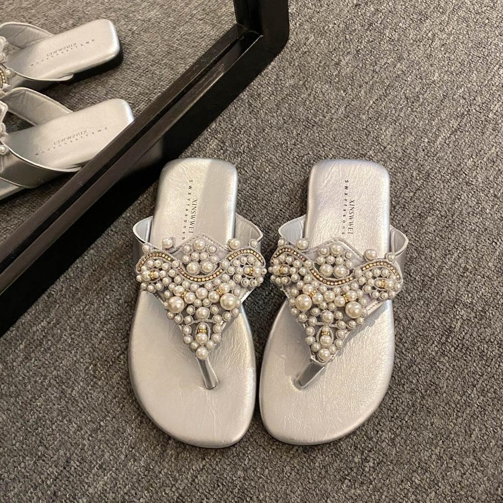 Fashion Bead Women Slippers Flat Sandals Flip Flops Casual Shoes Woman Summer 2025 Trend Beach Open Toe Comfort Clip Toe Slides Mujer