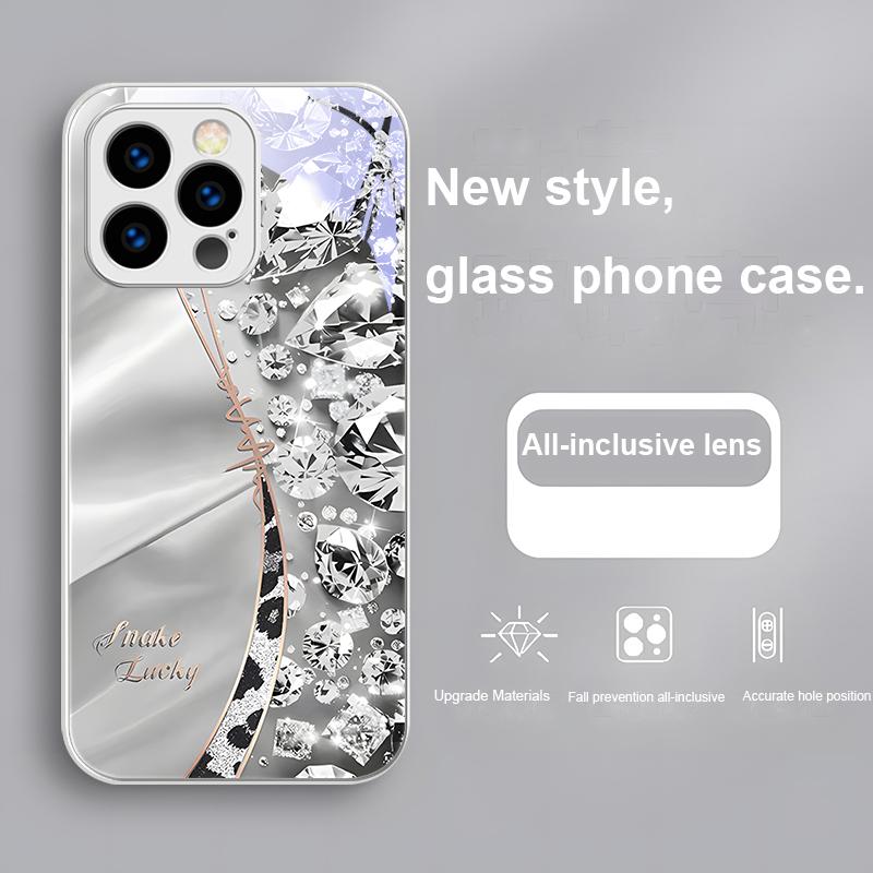 Estampa de Leopardo com Diamante Para IPhone 16 Pro Max 15 P Lus 14 Pro 13 12 Mini 11 P Ro Max X XS 7 8 Plus 2022 Capa de Celular de Vidro Temperado