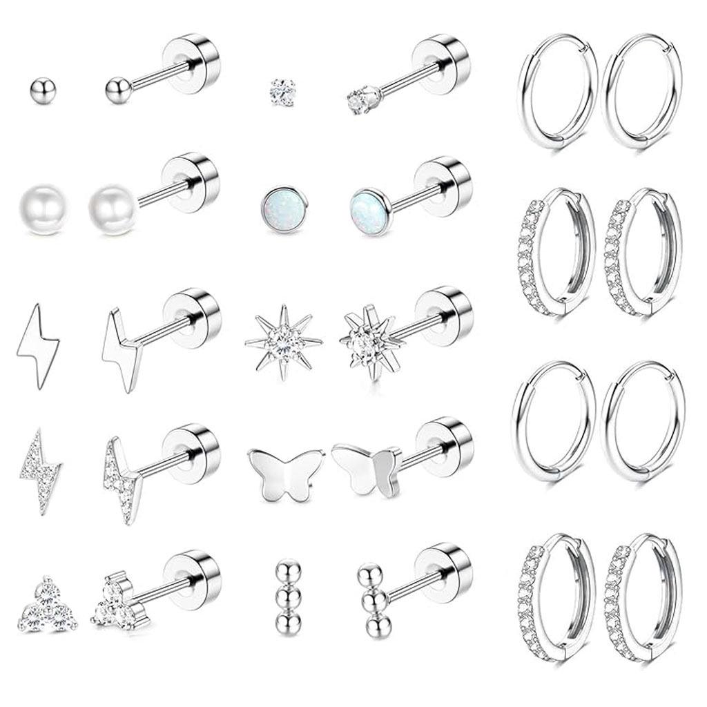 Stainless Steel European-American Style Stud & Hoop Earring Set