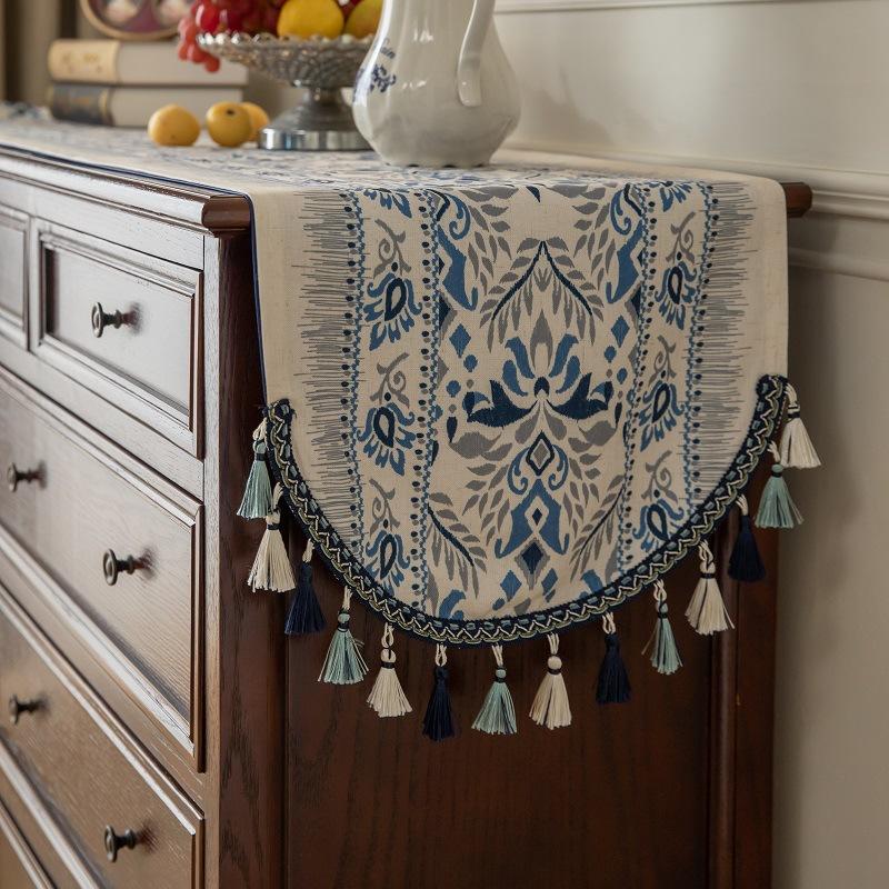 

Light luxury homestay dining table flag tea room cabinet cover cloth flower tassel flag cloth retro long tablecloth (as the picture,40*120cm)