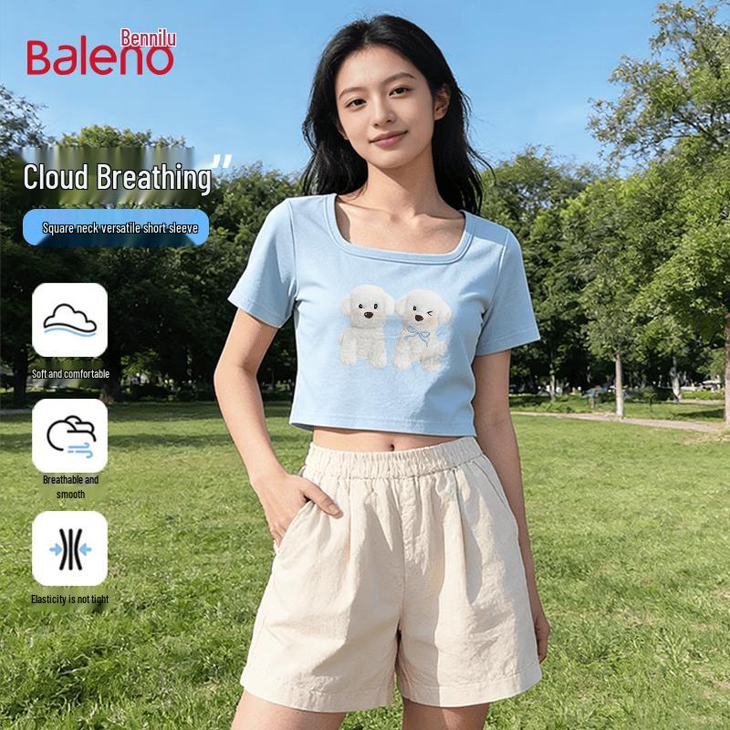 Baleno Women s Square Neck Slim Fit Cartoon Print Short Sleeve T-Shirt M