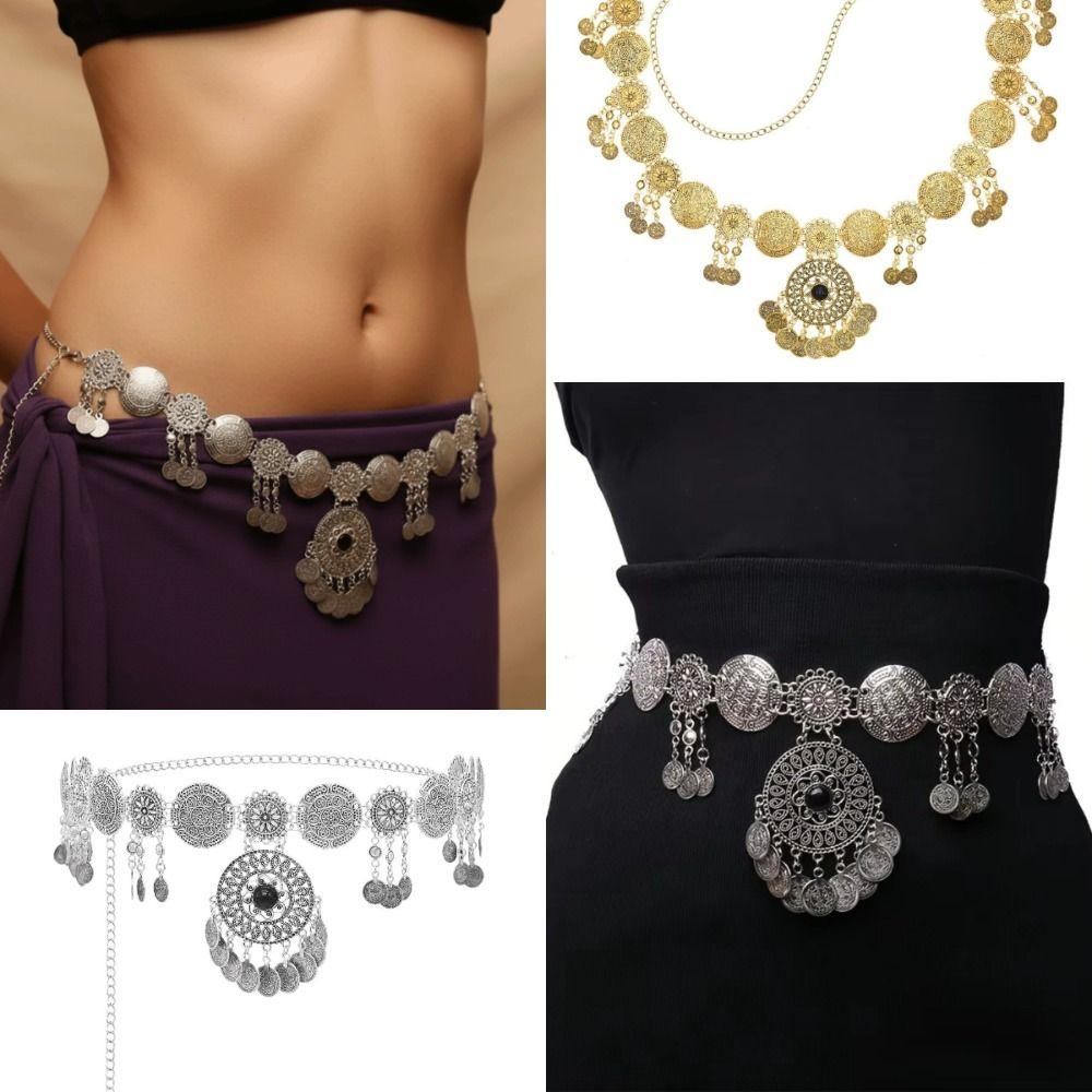 Retro Vintage Coin Belt Golden Silvery Long Tassel Fringed Belt Carved Flower Alloy Coins Waist Chain Traditional Clothing