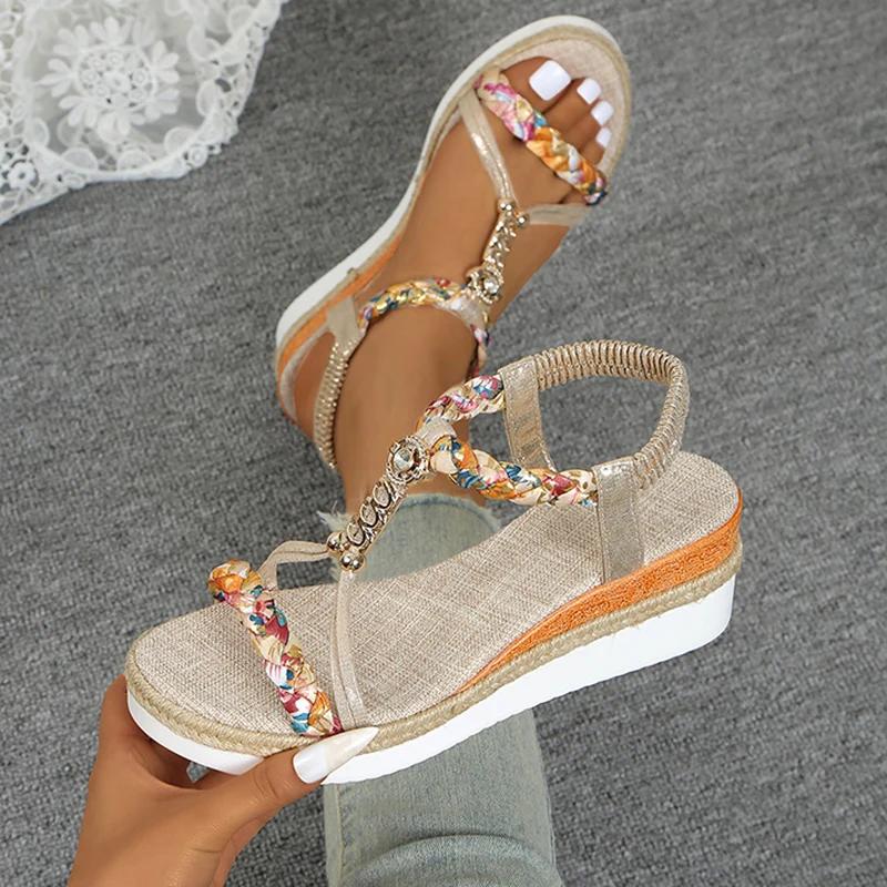 

Fashion Fashion T-Strap Platform Sandals for Women New Mix Color Elastic Band Wedge Sandals Woman Summer Daily Open Toe Sandalias Female 43 золотой