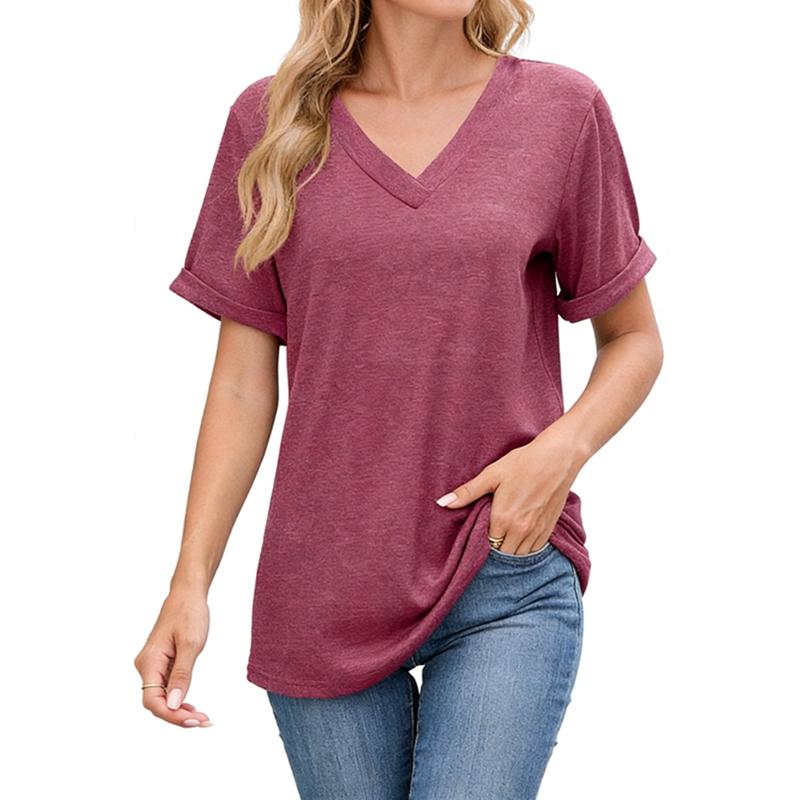 Women's Solid Color V-Neck Casual T-Shirt Short Sleeve Top