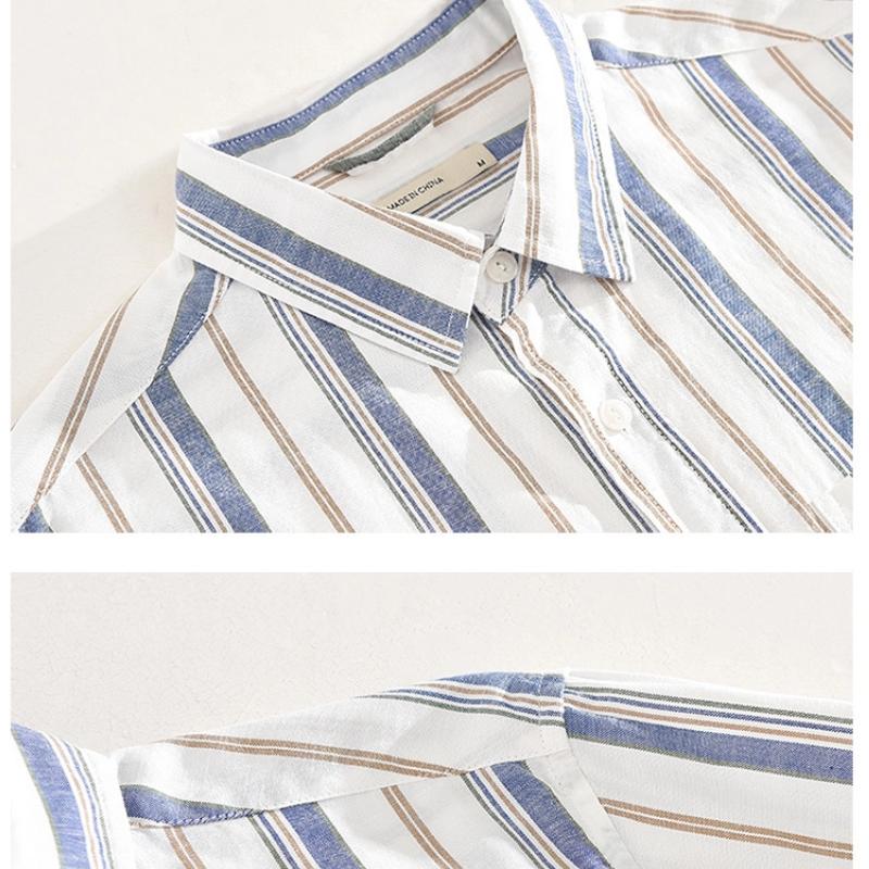 Spring and Summer Cotton Linen Men Tops Japanese Style Square Stripes Long Sleeve Shirt Youth Breathable Shirts for Men