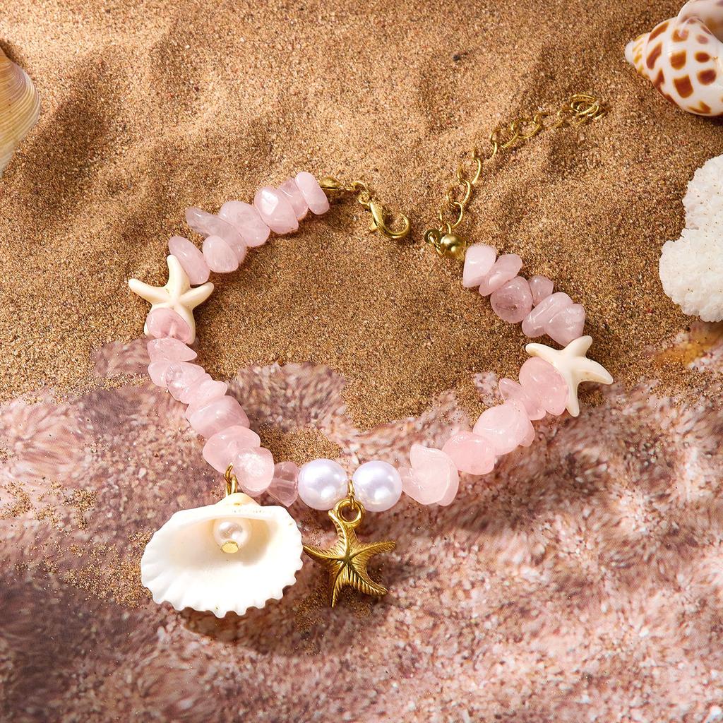 Rinhoo Imitation Pearl Shell Pendant Bracelet for Women Starfish Crushed Stone Charm Bracelet Summer Beach Jewelry