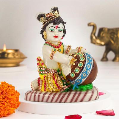 Statuetă Idol Lord Krishna Makhan Chor Piesă de Expoziție (19 x 15 x 9 cm) - Obiecte de decor pentru decorul casei, sufragerie, mandir, templu