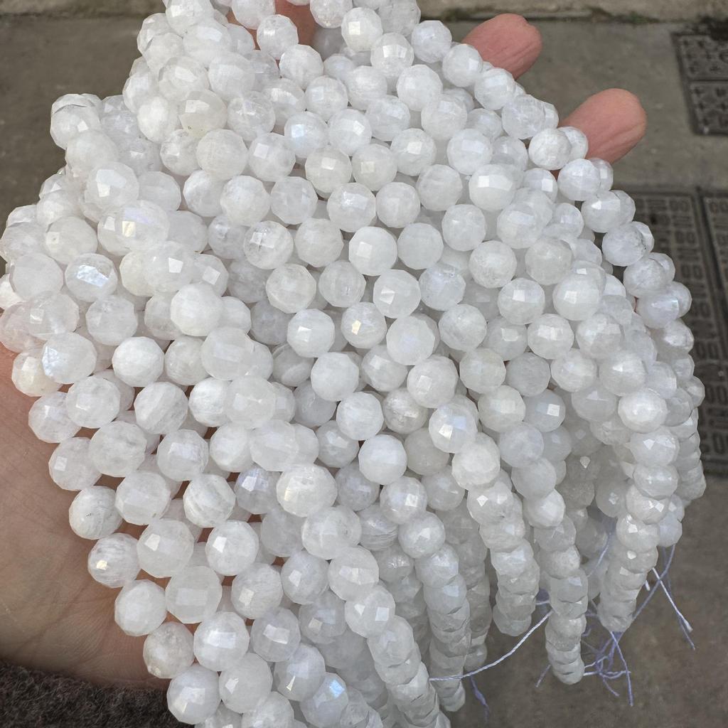 6-10mm Natural Blue & White Moonstone Faceted Strands and Round Beads for DIY Jewelry