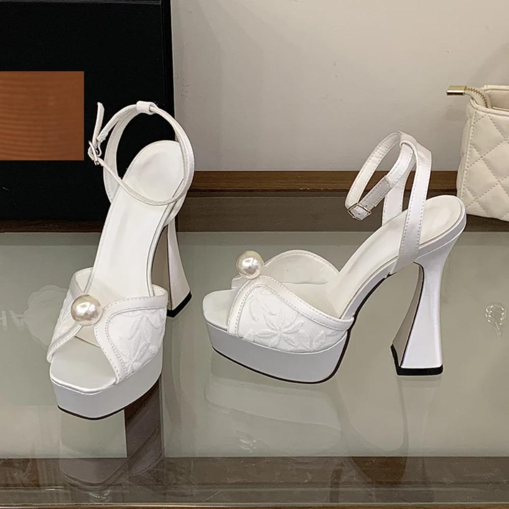 Pesstwei New Summer Fashion Peep Toe Sandals Women Buckle Strap Mesh Satin Pearl Square Heels Party Shoes Zapatos De Mujer
