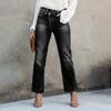 Ladies' Color Casual Versatile Mid Waist Straight Leg Denim Straight Leg Jeans With Fringed Edges