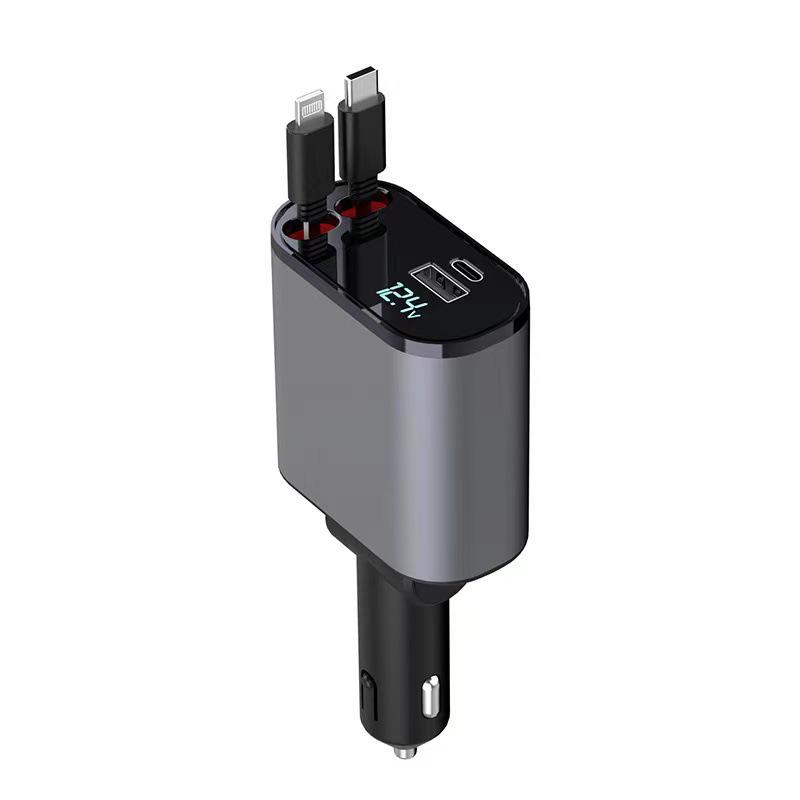 

100W Super Fast Charge USB & Type-C Retractable Metal Car Charger with Cigarette Lighter
