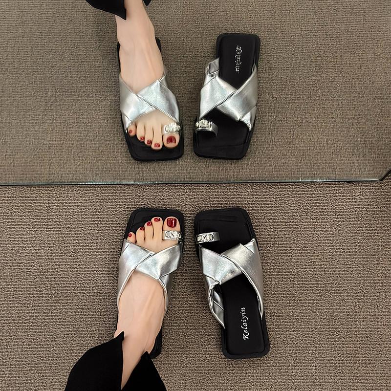 Aphixta Crystal Flip Flop Square Toe Summer Shoes Flat With Heel Slipper Women Casual Slides Outside Sandals Cross Strap Slipper
