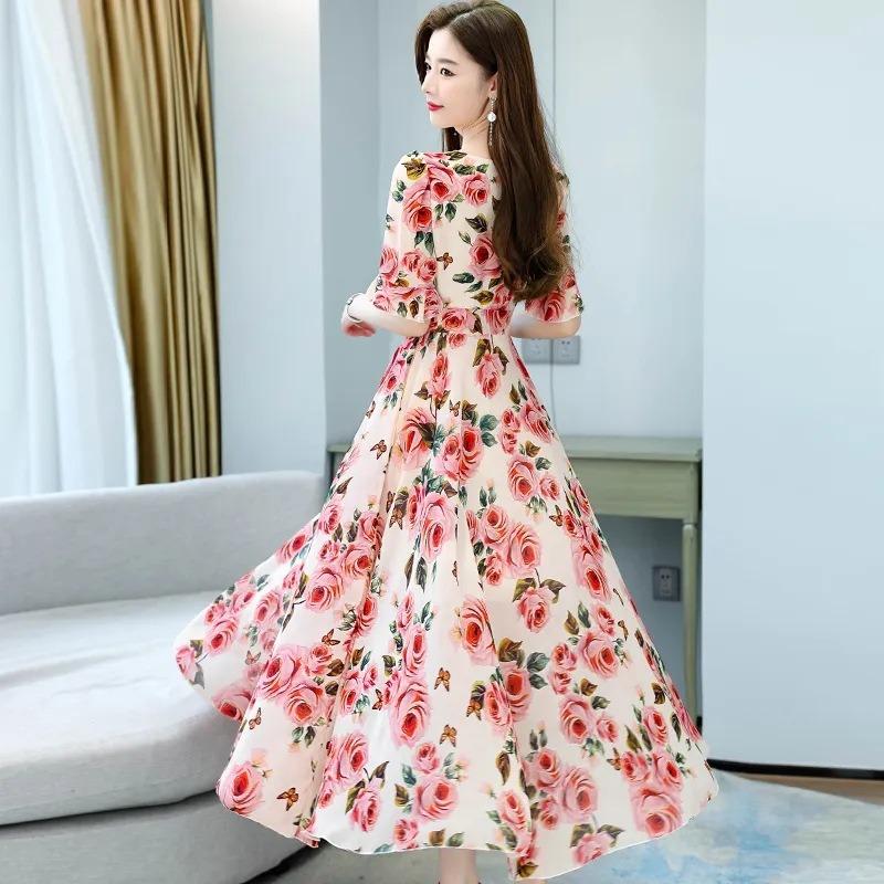 Summer Fashion V-neck Floral Printing Maxi Dress Women Short Flare Sleeve Elegant Temperament Robe Vestidos