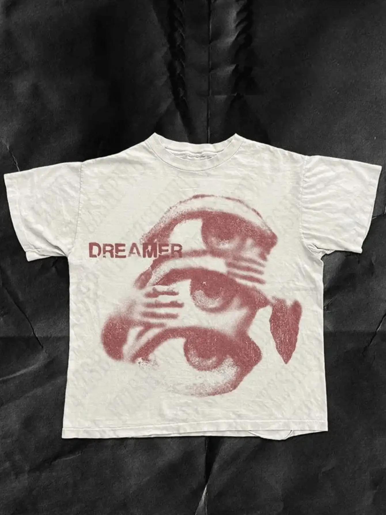 

Mens Y2K style white Tshirt with eyecatching EAMER logo and red eye graphic Pure cotton allseason couple graphic t shirts S