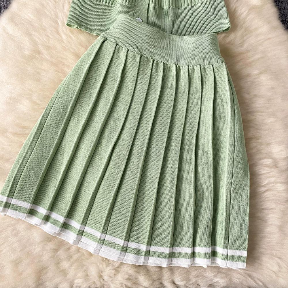 Two 2 Pieces Set for Women Summer Sexy Polo Collar Short Sleeve Buttons Knit Top and Elastic Waist Mini Pleated Skirt Suits