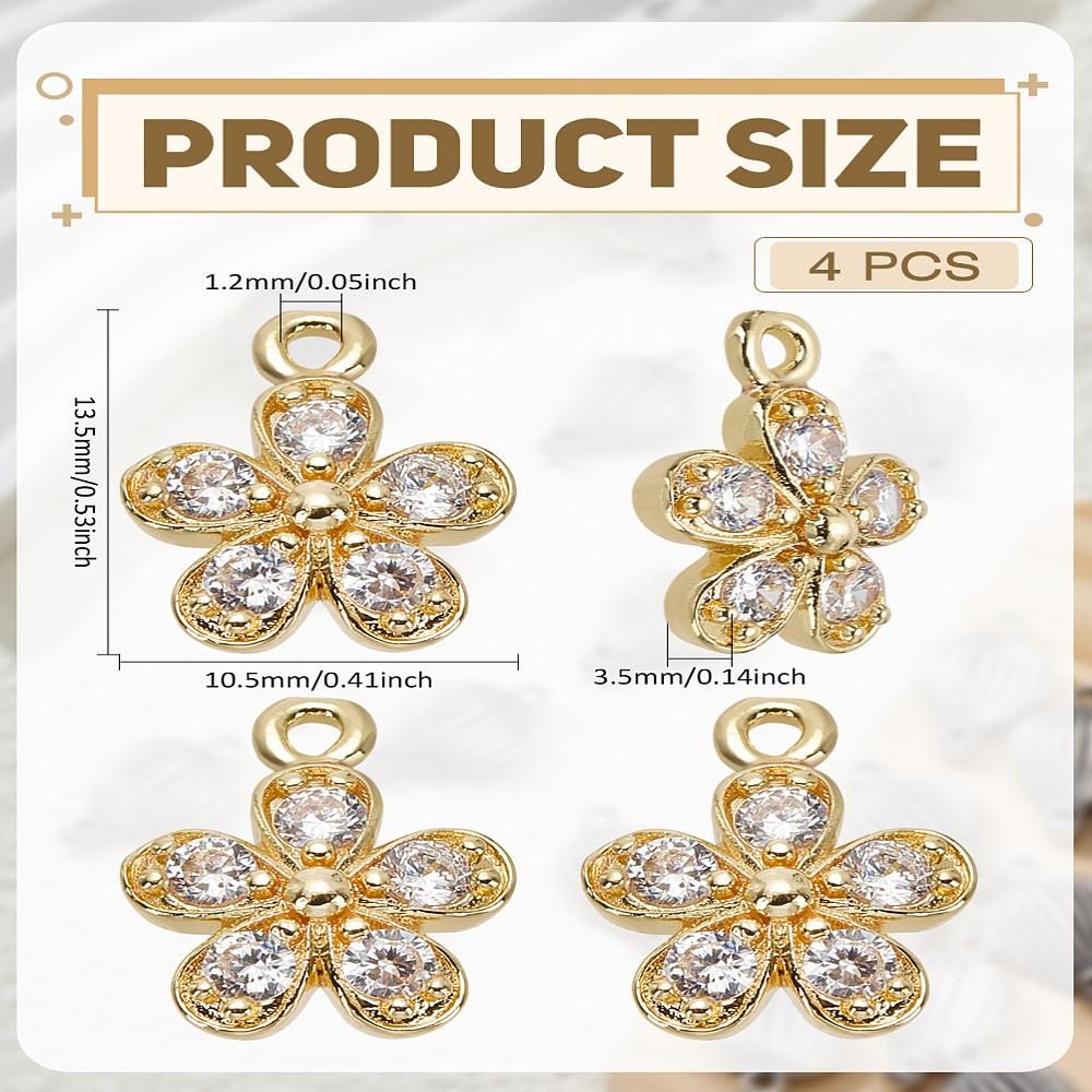 4Pcs Rack Plating Brass Micro Pave Cubic Zirconia Charms Long-Lasting Plated Flower Light Gold 13.5x10.5x3.5mm Hole: 1.2mm