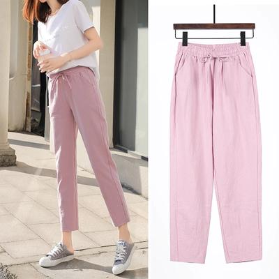 Damen Frühjahrshose Baumwolle Leinen Einfarbig Elastischer Bund Bonbonfarben Harems Hose Lässige Damen Hose