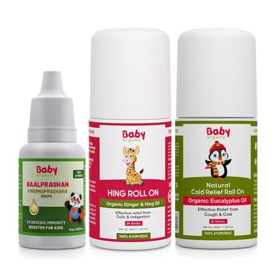 Babyorgano Swarnaprashan | Hing Roll On | Cold Relief Roll On | 100% Ayurvedic Immunity Booster Drop for Kids| Colic Pain Relief Combo Pack of 3