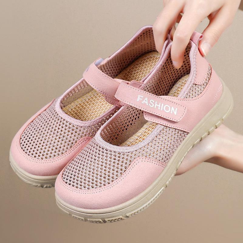 Shoes Women's Shoes Versatile Summer Velcro Flying Woven Casual Shoes New Flat Net Shoes Medium Old Mother Shoes