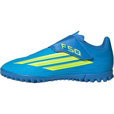 F50 Club Vel TF Ajuste Confortável Gramado Sintético Chuteiras para Solo Firme Externo Tênis de Futebol de Cano Baixo Azul Brilhante Tênis Infantil JS1486