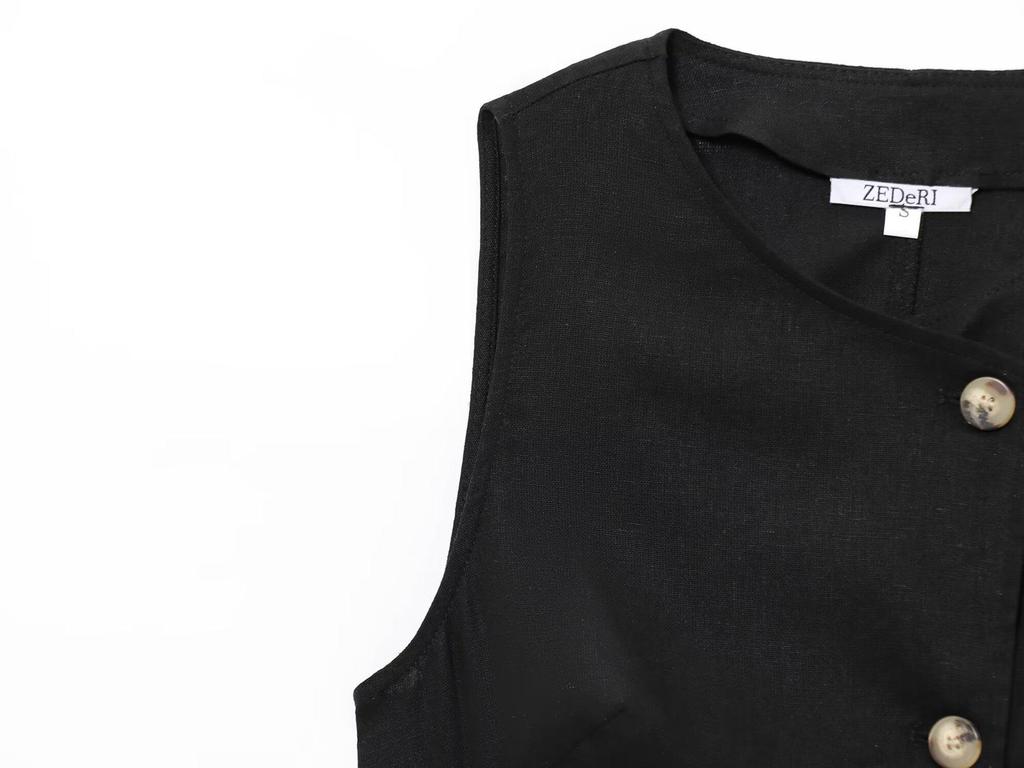 2025 Women's Summer Linen Blend Double-Breasted Vest & Wide-Leg Pants Fashion Set