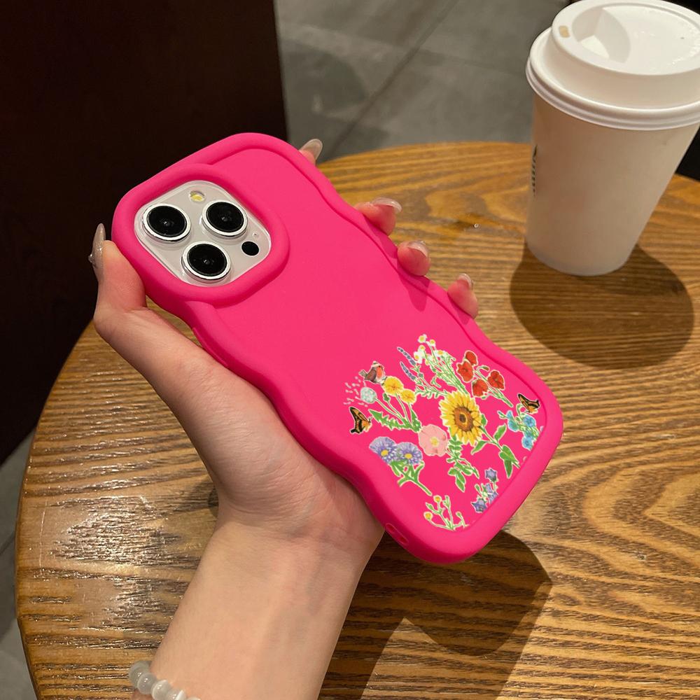 N75 Butterflies Flowers Macaron Wavy Edge Phone Cases for iPhone 16 Pro Max Samsung S24 S23 Ultra A35 A54 A55 Xiaomi Redmi Note 13 Shockproof Cover