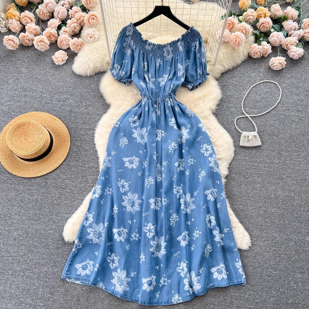 New Elegant Women Square Collar Embroidery Flowers Denim Dress Vintage Summer Single Breasted Printing Soft Long Dresses