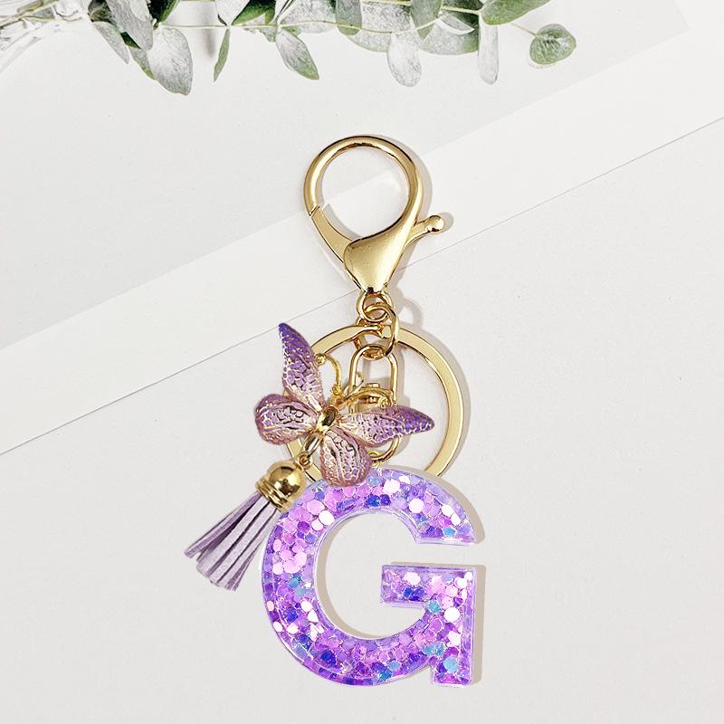 26-Letter Pink Sequin Resin Keychain with Butterfly, Tassel, DIY Ornament Accessories