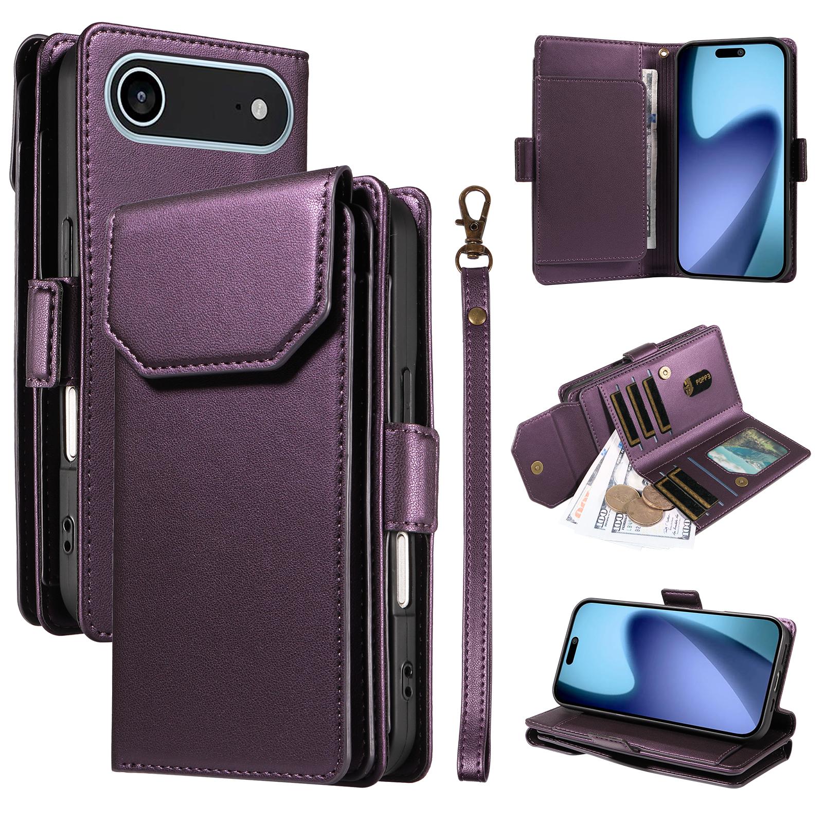 

For iPhone 17 Air Case with Multi-Card Holder and Strap PU Leather Phone Cover Stand Purple