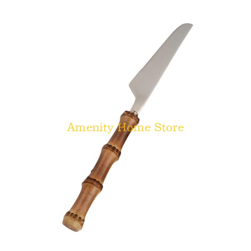 F26C for Creative Bamboo Handle Stainless Steel Tableware with Steak Knives Dessert Spoon Forks Set Flatware Cutlery