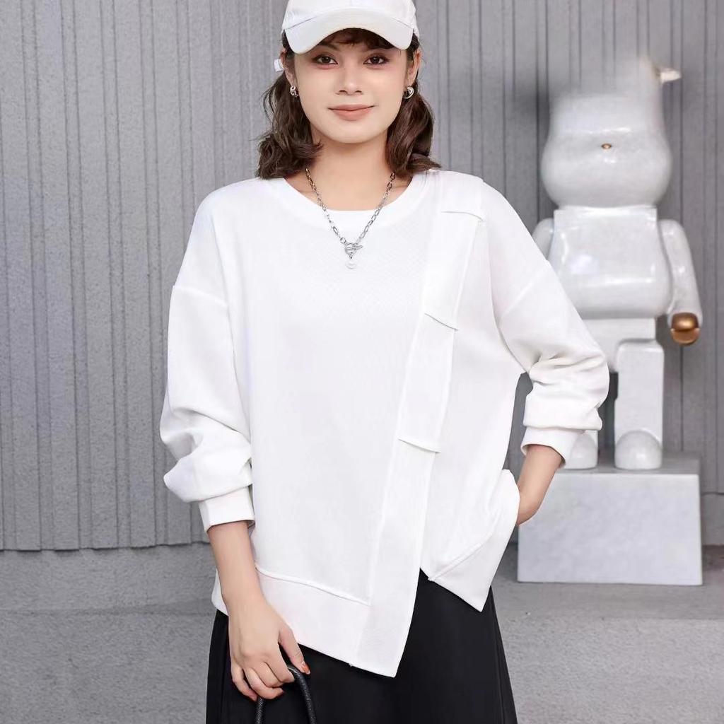 DIMANAF 2024 Pulower Jesienna Bluza T-shirt Kobiety Długi Rękaw Luźny Biały