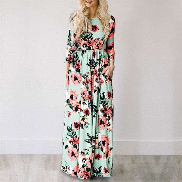 Kwiatowy Print Damska Letnia Sukienka Maxi Boho Plażowa Długa Sukienka Wieczorowa Tunika