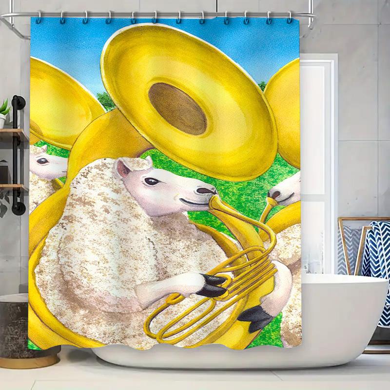 Musical Sheep Shower Curtain Yellow Trumpets Design For Kids Bath Decorations Home Accessories With Rings