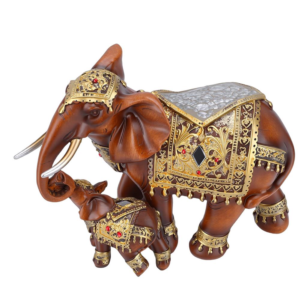 Mom and Baby Elephant Statue Exquisite Lifelike Imitation Wood Grain Resin Elephant Figurine Collectible Decor for Home