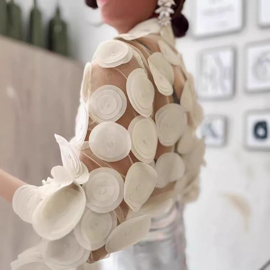 Embroidered Mesh See-Through Long-Sleeve Shirt