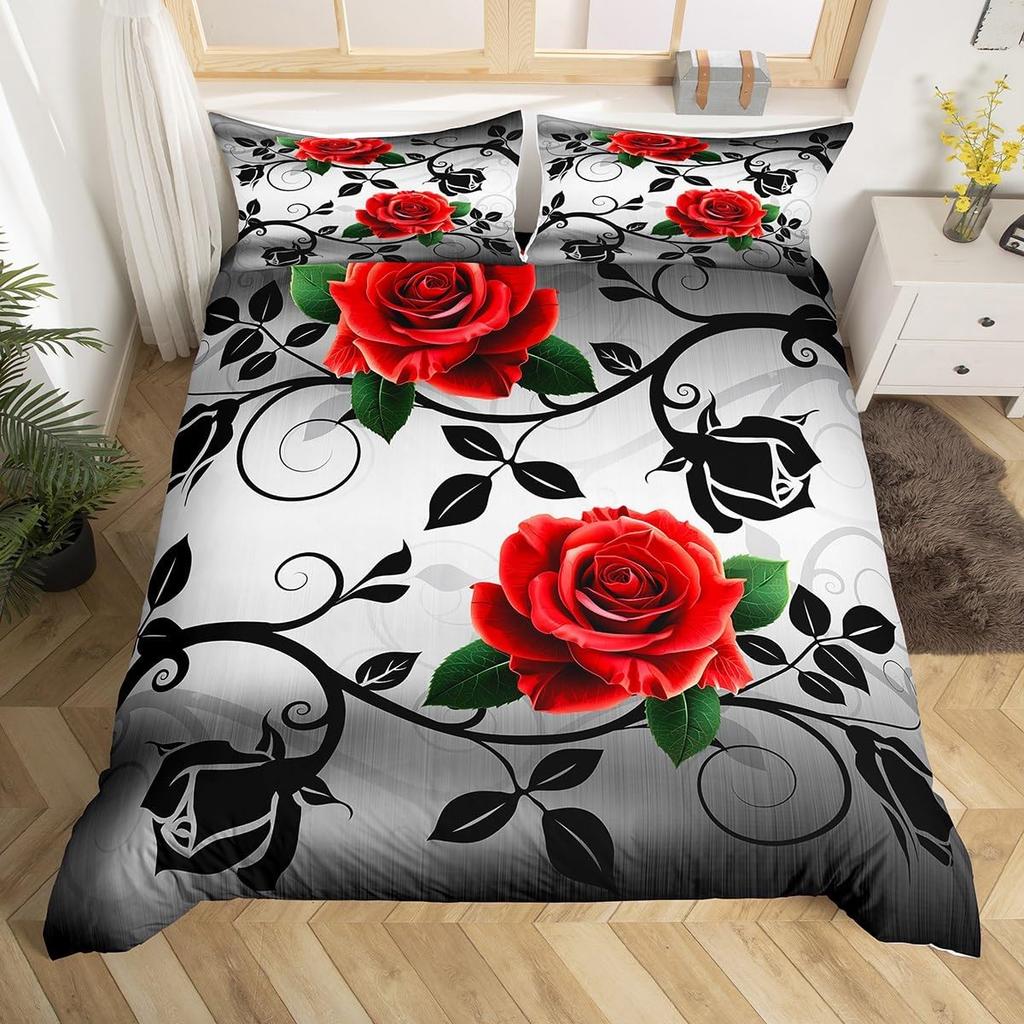 Rose Flower Duvet Cover Set Twin King Botanical Floral Bedding Set Garden Flowers Quilt Cover Valentine'S Day Bedspread Cover