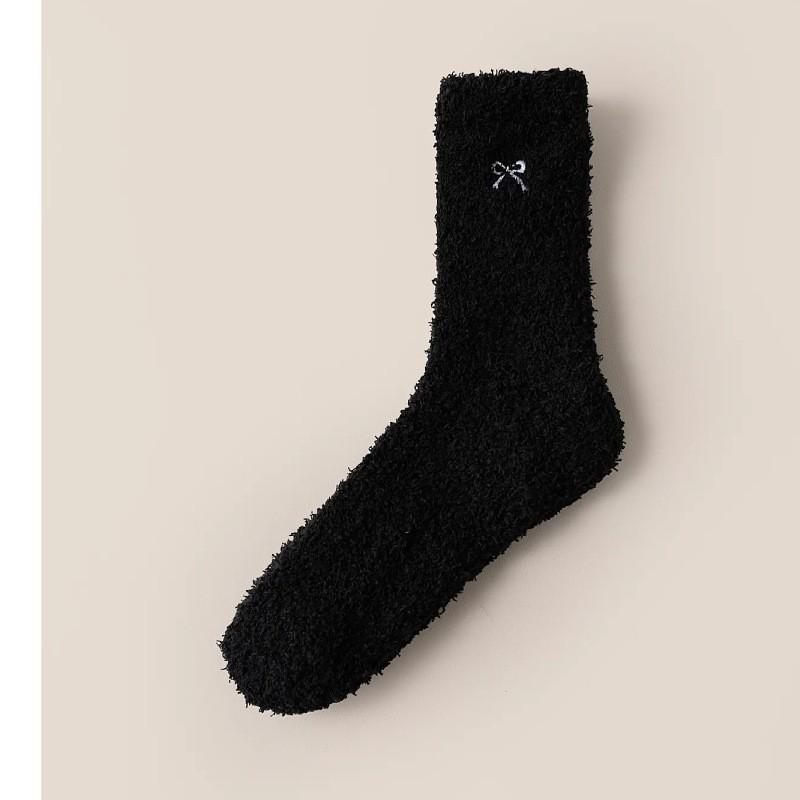 Embroidered Bow Coral Fleece Lint Autumn and Winter Sleep Socks Thick Floor Socks Middle Tube