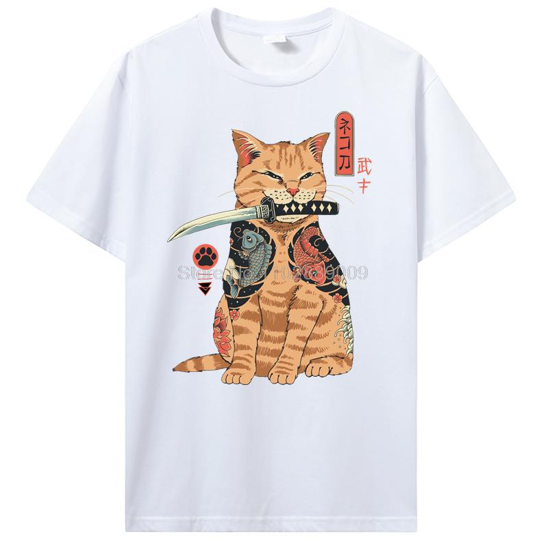 Summer New Men Japanese Samurai Cat Graphic T Shirt Fashion Casual Personality Cool T-shirt Print Cotton Tees Tops