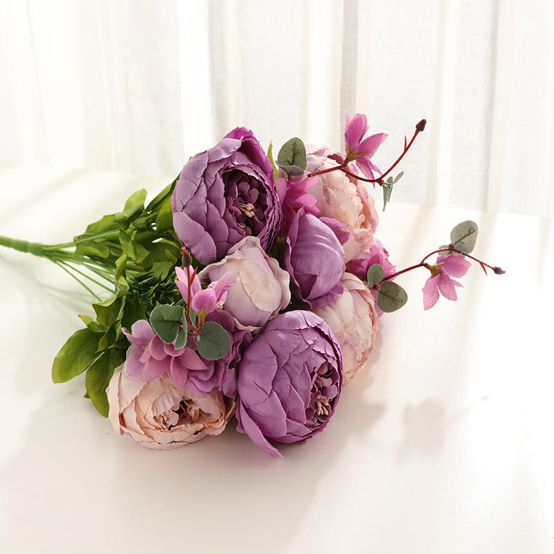 Faux Peony Bouquet 13 Heads Flowers Bud Vintage Artificial Peony 47cm Silk Flowers for Wedding Home Decoration,1pc