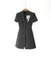 Spring 26 Grey Mixed Color Cinched Waist Dress with Brooch Decoration