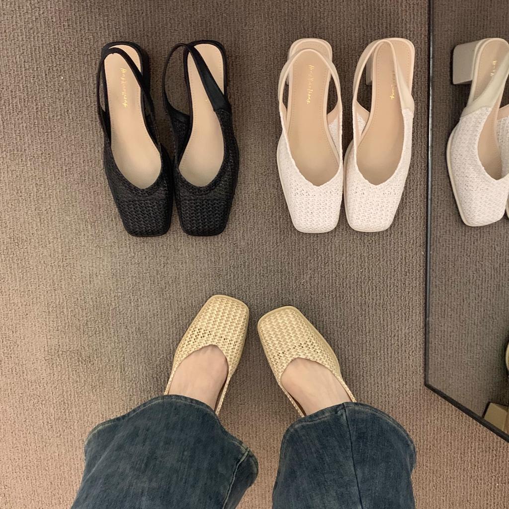 Spät Abendwind dicker Absatz Nische gewebte Bohème-Tasche Kopf Sandalen Feenschuhe 2025 Frühling und Sommer Urlaub leer einzelne Schuhe