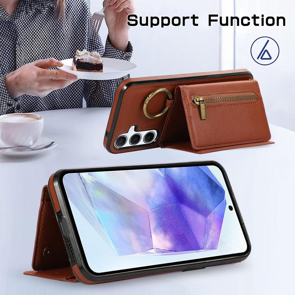 For Samsung Galaxy A16 4G Leather Back Cover Zipper Wallet Kickstand Phone Case with Shoulder Strap