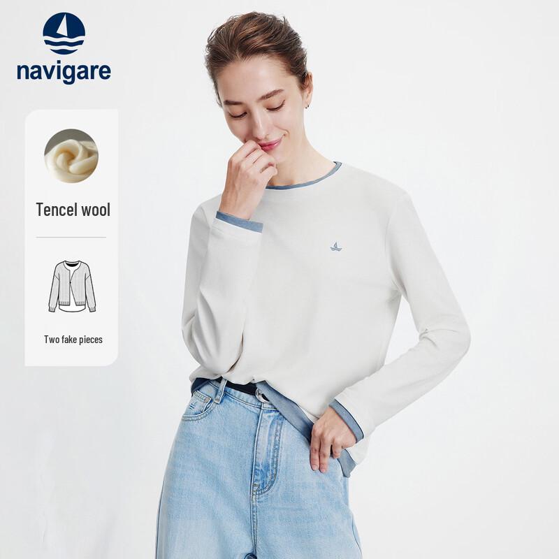 Navigare Women s Tencel Wool Faux Two-Piece Color-Block Long-Sleeve Top L