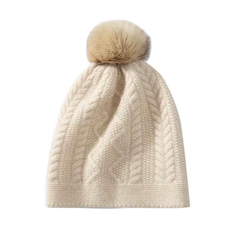 Women's 100% Pure Cashmere Pom-Pom Hat - Thick, Retro, Versatile Cable Knit with Ear Protection.