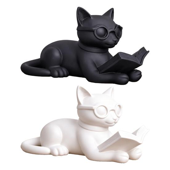 Bookshelf Decorative Accents 3D Printed Reading Cat Figurine, Statue with Eyeglasses, Creative Birthday Gifts Animal Desktop Ornament for Home Office
