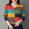 Women's Thin Knitted Sweater Long Sleeve Colorblock Thin Pullover V-neck Knit Loose Top