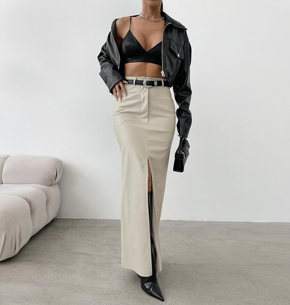 Fashionable PU Leather Solid Color Splicing Design Sense High Waist Slit Slim Fit Long Skirt